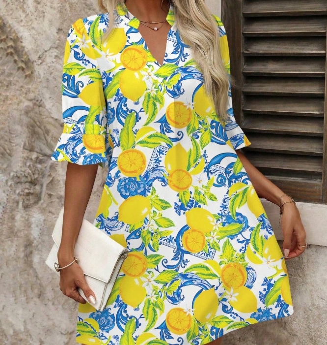 ENLACHIC Women's Summer Floral Lemon Print Dress - Short Sleeve Swing Midi Dress In Black Strawberry - View #8