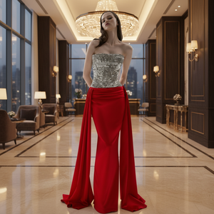 Robe ethnique en tissu satiné rouge avec broderie, séchage rapide, pour les occasions spéciales des femmes - Product Image 1