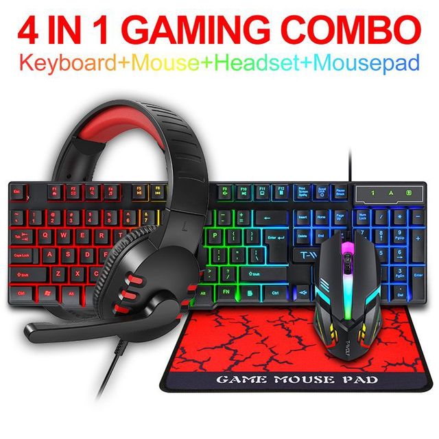 T-WOLF Wired Gaming Combo Keyboard Mouse Mat Headset RGB Luminous E-sports Kit for Desktop Laptop Gamers