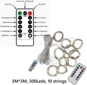 Rideau lumineux pour fenêtre 3x3 mètres/9,8*9,8 pieds, 300 LED, 8 fonctions, télécommande, charge USB, fil de cuivre, rideau lumineux Eid avec crochet - Product Image 4