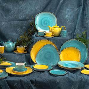 Platos de cena de cerámica rústica pintados a mano, juego de cuencos, vajilla de porcelana al por mayor, vajilla moteada para restaurante usada - Product Image 6