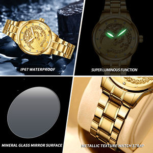 Montre de luxe dorée pour femme, étanche, lumineuse, à quartz, motif Dragon Phénix, pour couple, bracelet en acier inoxydable et cuir - Product Image 6