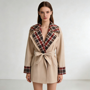 Manteau <span class=keywords><strong>court</strong></span> en <span class=keywords><strong>trench</strong></span>-coat <span class=keywords><strong>beige</strong></span> à carreaux pour femmes, manteau <span class=keywords><strong>trench</strong></span>-coat vintage personnalisé pour femmes - Product Image 1