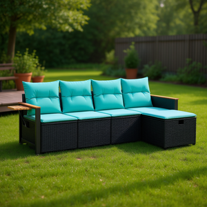 Salon de jardin en rotin noir PE avec structure en acier thermolaqué, mobilier d'extérieur pour jardin, capacité 4 personnes - Product Image 2