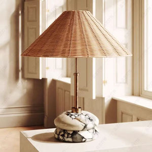Lampe de table en rotin de style japonais Wabi Sabi, ampoule LED E27, interrupteur de commande, éclairage de bureau écologique pour chambre à coucher - Product Image 3