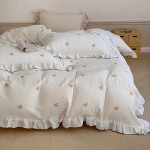 Ruffled Bow Embroidered Duvet Cover Set 100% Cotton Gauze Four-Piece <b>Bedding</b> Home Use - Product Image 1