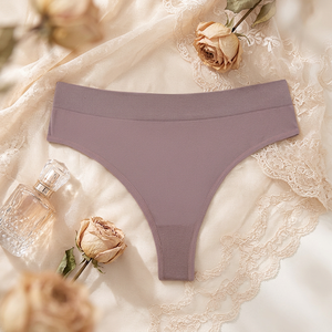 Women Plus Size <b>Seamless</b> <b>Thong</b> Panties Solid Color Ribbed Waistband High Waist Underwear Soft Stretch Women's Lingerie Wholesale - Product Image 2