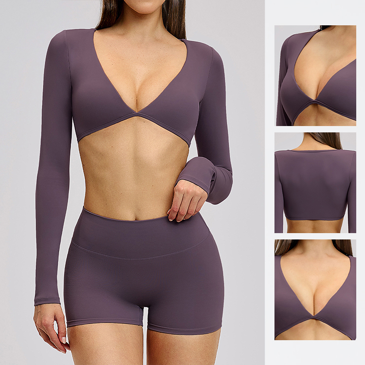 Casual Yoga Long-Sleeve V-Neck Fashionable Cropped Sports Top for Outdoor Fitness Running T-Shirt for Women