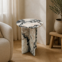 Table d'appoint ronde en marbre Calacatta Viola, mobilier de luxe pour la maison, table basse en pierre naturelle à piétement croisé pour villa et hôtel, OEM