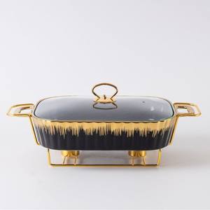 Plat de cuisson rectangulaire en céramique dorée, vaisselle, pot à soupe sèche pour hôtel, casserole créative, résistant à la chaleur légère - Product Image 3