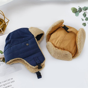 Fleece-Lined Canvas Hat With Ear Flaps Adjustable Warm Windproof Unisex Autumn Winter Cap Solid Color Foldable - Product Image 2