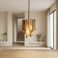 Suspension moderne de luxe à hauteur réglable en verre cristal de Murano, tubes ambre/transparents, finition laiton pour salon et salle à manger