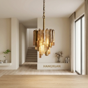 Luminaire suspendu moderne de luxe en verre de Murano avec tubes ambrés/transparents, finition laiton, pour salon, salle à manger et chambre à coucher - Product Image 1