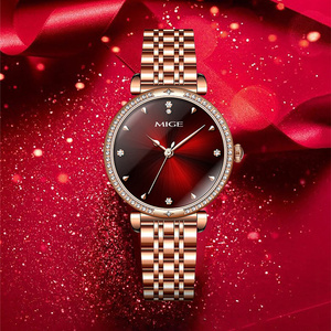 Montre à quartz pour femme MIGE en acier inoxydable or rose avec lunette sertie de diamants et cadran analogique, bracelet élégant et luxueux - Product Image 5