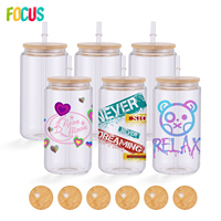 Entrepôt US Boîte de verre à sublimation transparente de 16oz Couvercle en bambou Tasse en verre vierge à sublimation transparente Bière Juicy Mason Can avec paille
