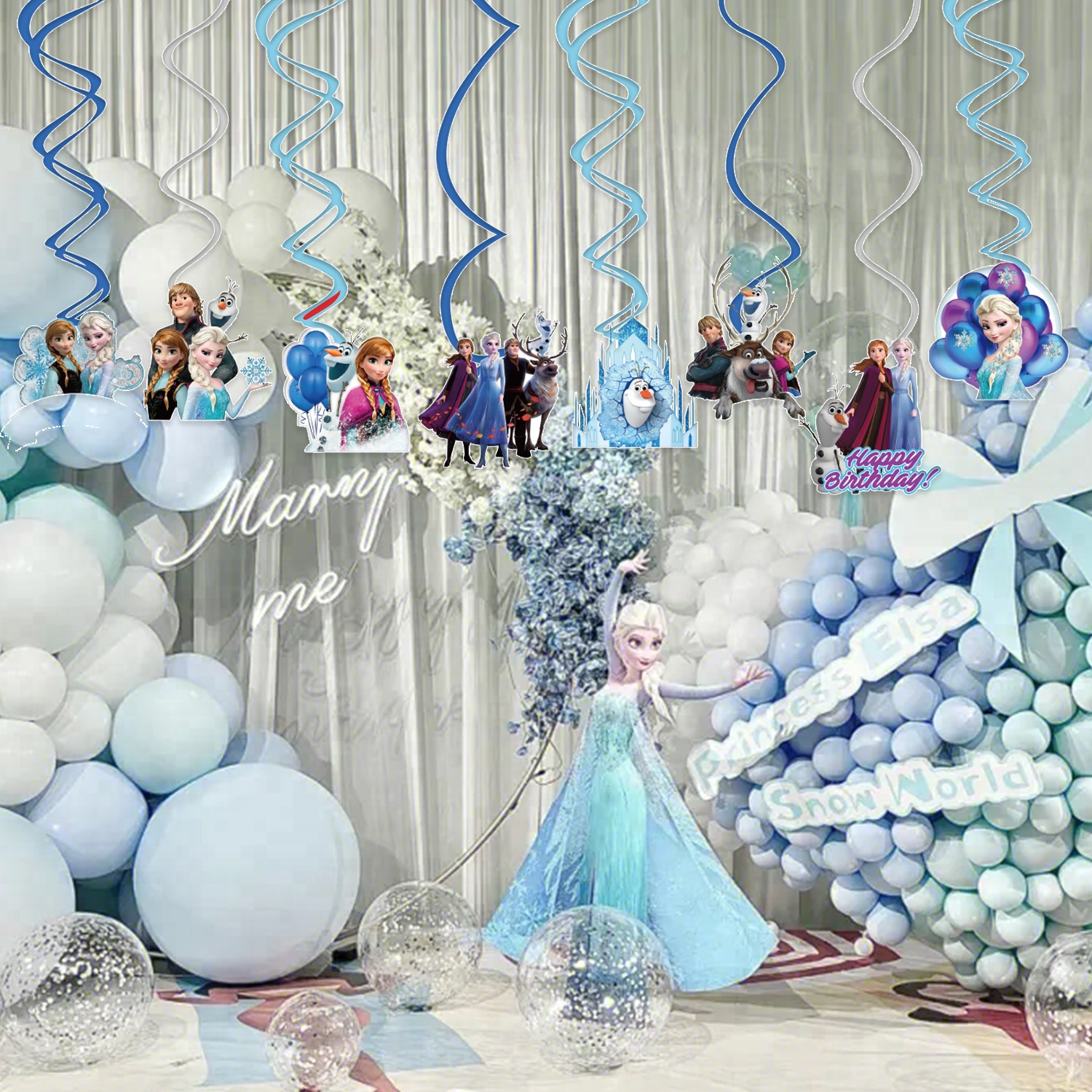 Set Decorazioni per Festa a Tema Frozen con Anna ed Elsa, Striscione di Buon Compleanno, Bandierine, Palloncini in Lattice da 12 Pollici per Feste per Bambini K0056