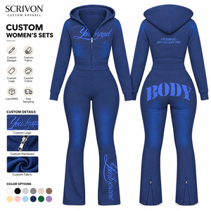 Ensemble de survêtement à capuche 2 pièces pour femme avec logo personnalisé, fermeture éclair intégrale, vêtements de sport décontractés, pantalon évasé bleu imprimé, polyester/coton - Product Image 1