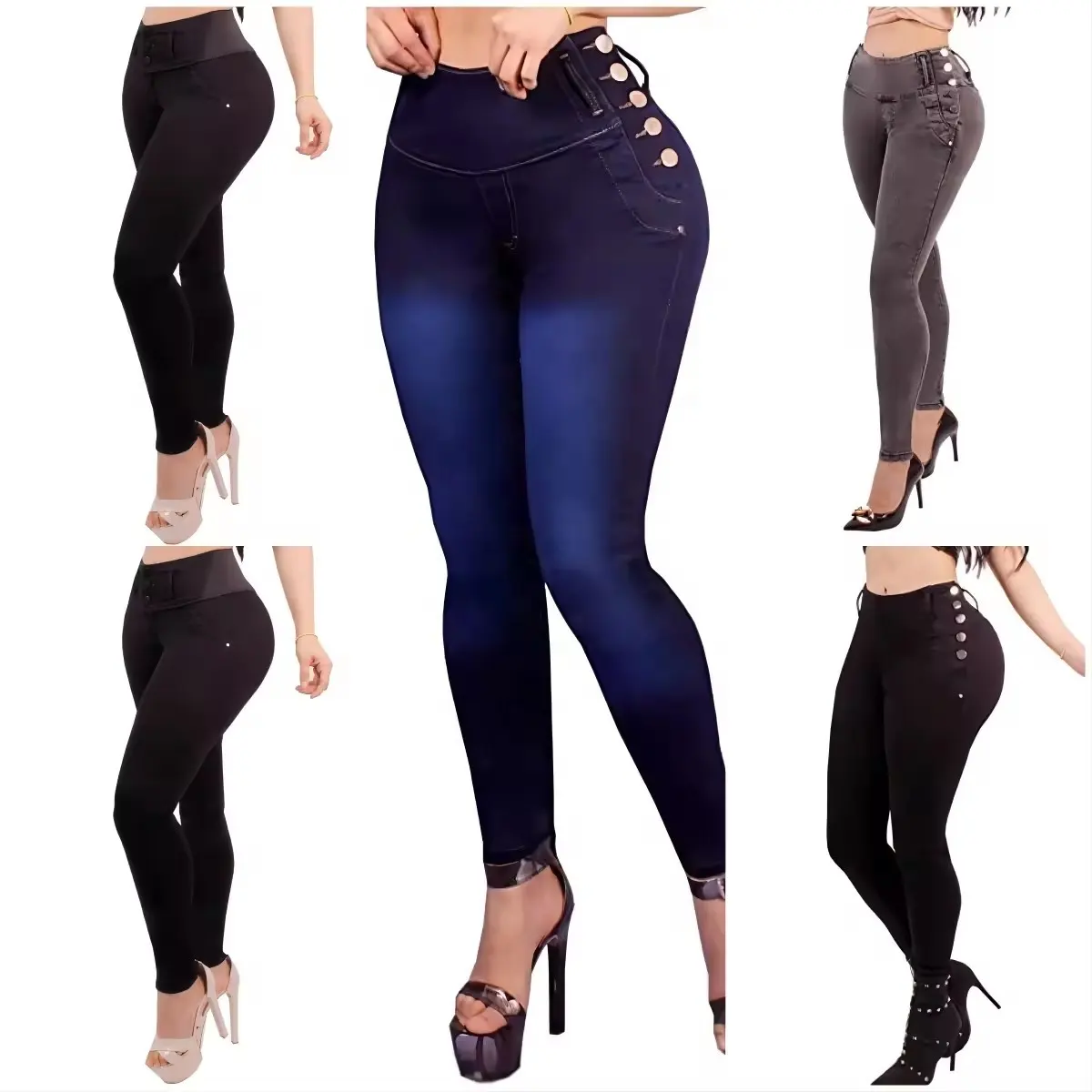Womens High Waist Stretch Jeans 5 Button Push Up Butt Lifting Skinny Colombian Jeans
