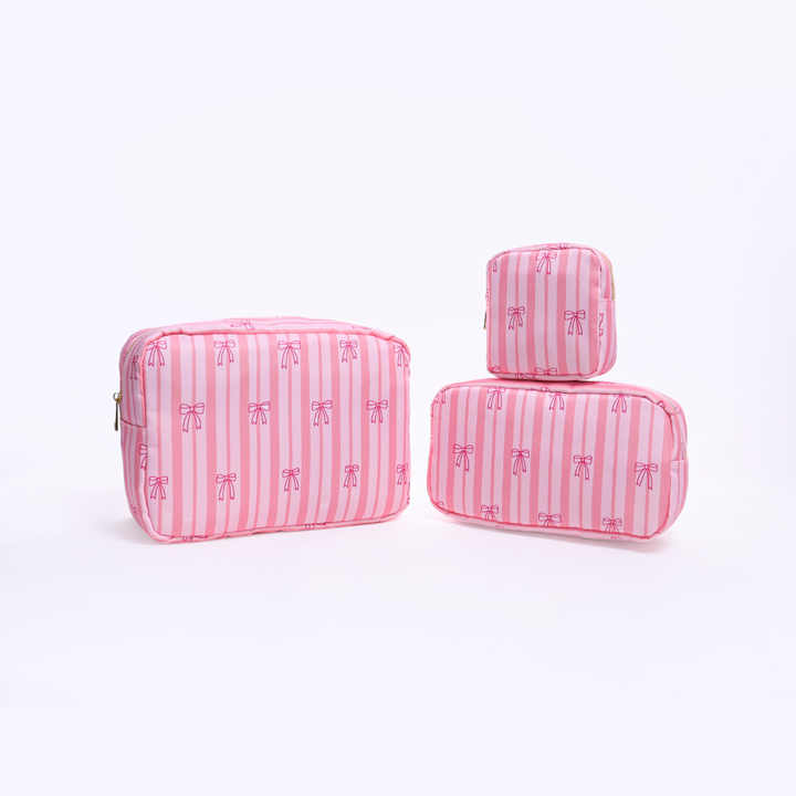 Wholesale Pink Cherry Bow Print Nylon Makeup Bag for Women Travel Portable Zipper Cosmetic Pouch ...