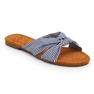 2023 Cheap Price Navy blue striped cloth bow Women Fashion Casual Soft Bowknot Flat Slippers Sandals