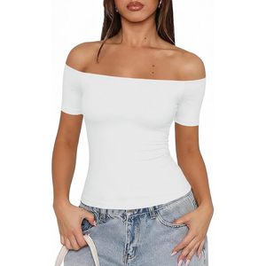 Fisoew Top de Hombros Descubiertos para Mujer, Manga Corta, Transpirable, Algodón y Spandex, Ropa Casual de Verano, Sin Costuras, Detección de Agujas - Product Image 1
