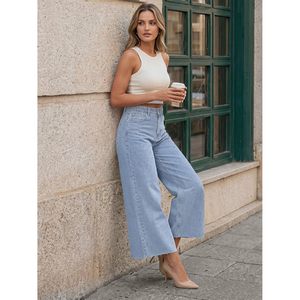 Jeans de mujer de cintura alta, pierna ancha, elásticos, de mezclilla, con corte al tobillo y bajo deshilachado - Product Image 6
