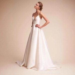 Strappy Satin Wedding Dress V Neck Natural Waist White Ivory Nylon Fabric Short Train Pocket Design - Product Image 1