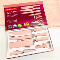 Ensemble de couteaux en boîte de couleur, revêtement antiadhésif, couteaux de chef en acier inoxydable, 6 pièces, ciseaux de cuisine, hachoir, ensemble de couteaux roses
