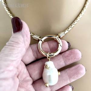 NM42678 позолоченная цепочка-змея ожерелье с жемчугом барокко кулон толстая цепочка-змея Пружинная Застежка карабин кулон с жемчугом CZ - Product Image 2