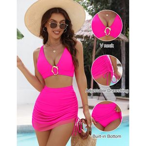 Women's High Waisted Bikini Set Deep V Neck <b>Tummy</b> <b>Control</b> Swim Skirt Mesh Sarong Wrap 2 Piece Bathing Suit - Product Image 4