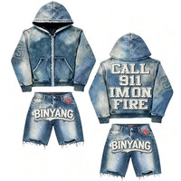 Costume à capuche personnalisé pour homme avec insigne en jean vintage imprimé de lettres en éponge de style vintage antique pour l'hiver