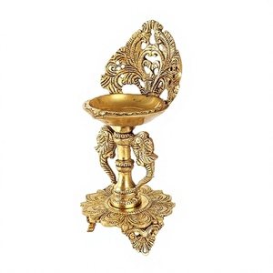 Gold Plated Brass Diya <b>Lamp</b> With Intricate Carving And <b>Elephant</b> Base For Prayer Use - Product Image 2