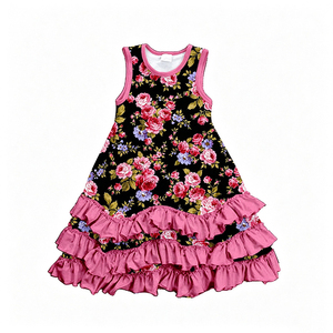Vestido de Niña de Seda Láctea, Vestido de Verano sin Mangas con Estampado Floral de Rosas sobre Base Negra y Volantes, Vestido Boutique de Verano con Lazo y Volantes para Niñas - Product Image 2