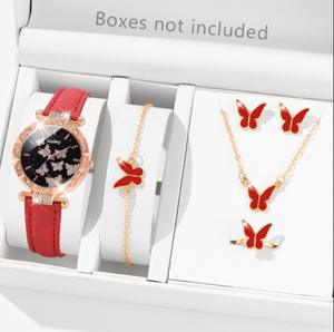 Nuevo Set de 5 Piezas de Reloj para Mujer con Anillo de Mariposa, Collar, Aretes, Reloj de Diamantes, Reloj Casual para Mujer, Conjunto de Joyería de Pulsera Sin Caja - Product Image 5