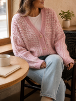 Cardigan Joydressing pour femme, motif taupe et blanc, col en V, boutonné, manches longues, tricot décontracté, vente en gros