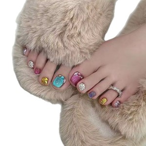 12 faux ongles de pieds effet œil de chat Aurora scintillants, couvrance totale, pour l'été, décoration d'ongles de pieds tendance avec colle - Product Image 6