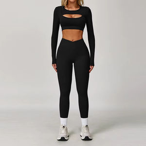 Hollow Out Design Naadloze Yoga Set Lange Mouwen Crop Top Hoge Taille Leggings Yoga Set Sport Outfit voor Gym <span class=keywords><strong>Workout</strong></span> - Product Image 2