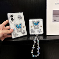 Coque de téléphone Y2K en métal argenté brillant avec nœud en cristal et papillon bleu pour Galaxy Z Fold 8, avec dragonne perlée, compatible Z Flip 8-3
