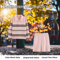 Ensemble pull en maille rayé rose pour femme, col rabattu, pull et mini-jupe, tenue d'automne décontractée, respirante, coupe classique