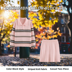 Pink Striped Knit Sweater <b>Set</b> Women Pullover <b>Jacket</b> <b>and</b> Mini <b>Skirt</b> Two Piece Autumn Outfit Casual - Product Image 2