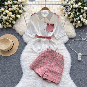 Las mujeres de dos piezas corta coreano dulce edad reducir cintura solapa adelgazar camisa de manga corta pierna ancha pantalones cortos traje de dos piezas - Product Image 1