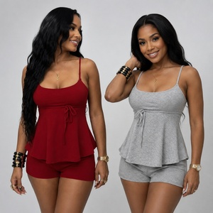 Women's Solid Color Two Piece <b>Set</b> Sleeveless Tie Front Loose Camisole Shorts Eco-Friendly Spandex/Polyester Loungewear Pajama - Product Image 1