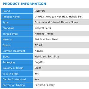 <span class=keywords><strong>Boulon</strong></span> creux à tête <span class=keywords><strong>hexagonale</strong></span> <span class=keywords><strong>hexagonale</strong></span> en acier inoxydable 304 DIN933 avec filetage externe et interne M6-M20 de vis - Product Image 6