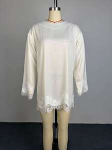 Women's Solid Color Lace Trim Asymmetrical Hem Long <strong>Sleeve</strong> <strong>Blouse</strong> Shirt <strong>Without</strong> Pearl Chain Skirt Sehe Fashion - Product Image 6