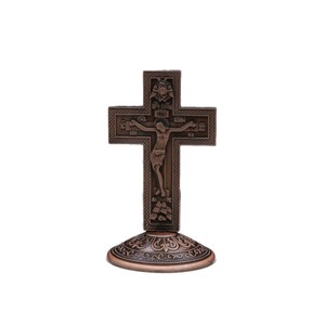 핫세일 도금 금속 14*6.7cm 57g 정교회 스탠딩 십자가 탁상용 십자가 골드 앤틱 리본 받침대 예수 장식품 선물 - Product Image 2