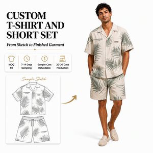Set di <span class=keywords><strong>Camicia</strong></span> e Pantaloncini Oversize <span class=keywords><strong>con</strong></span> Stampa di Palme, Taglie Grandi, Etichetta Privata, Set Due Pezzi OEM per Uomo, Produttori di Abbigliamento - Product Image 1