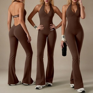 YNSEA Mono de <span class=keywords><strong>yoga</strong></span> de una pieza con cuello halter y encaje, espalda descubierta, para gimnasio y entrenamiento, con leggings acampanados para mujer - Product Image 2