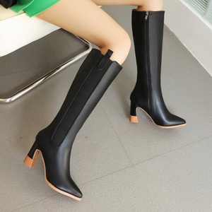 8cm Low Square Heels Women Knee High Boots Big Size 46 Stretch Shaft <b>Long</b> Booties Big Feet Wide Fit Shoes - Product Image 2