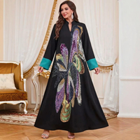 Robe longue Abaya de luxe noire vintage à col montant en polyester, broderie de perles et sequins colorés, pour la prière de l'Aïd et les fêtes