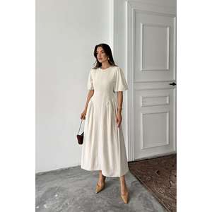 Elegant Beige Linen A-Line Dress With Back <b>Tie</b> And Puff Sleeves For Daily Wear - Product Image 3